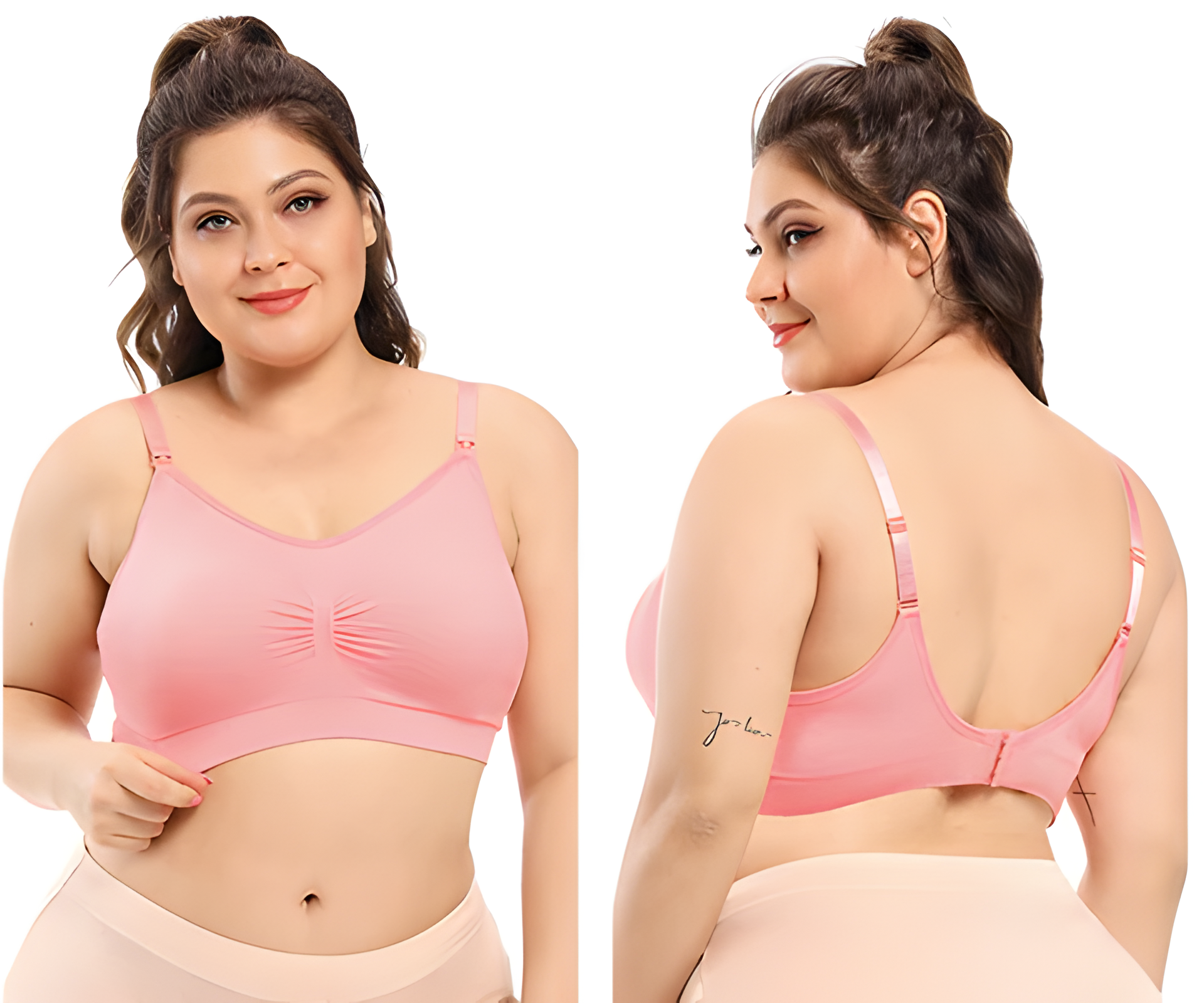 A mom wearing a pink nursing bra